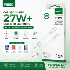 Cáp sạc PISEO 27W+ C to L dài 1m chính hãng